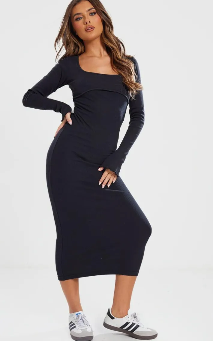 Black Ribbed Seam Detail Long Sleeve Midi Dress