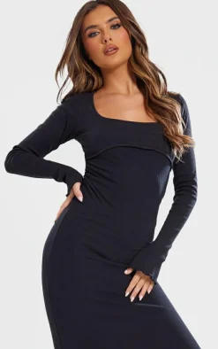 Black Ribbed Seam Detail Long Sleeve Midi Dress