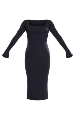 Black Ribbed Seam Detail Long Sleeve Midi Dress