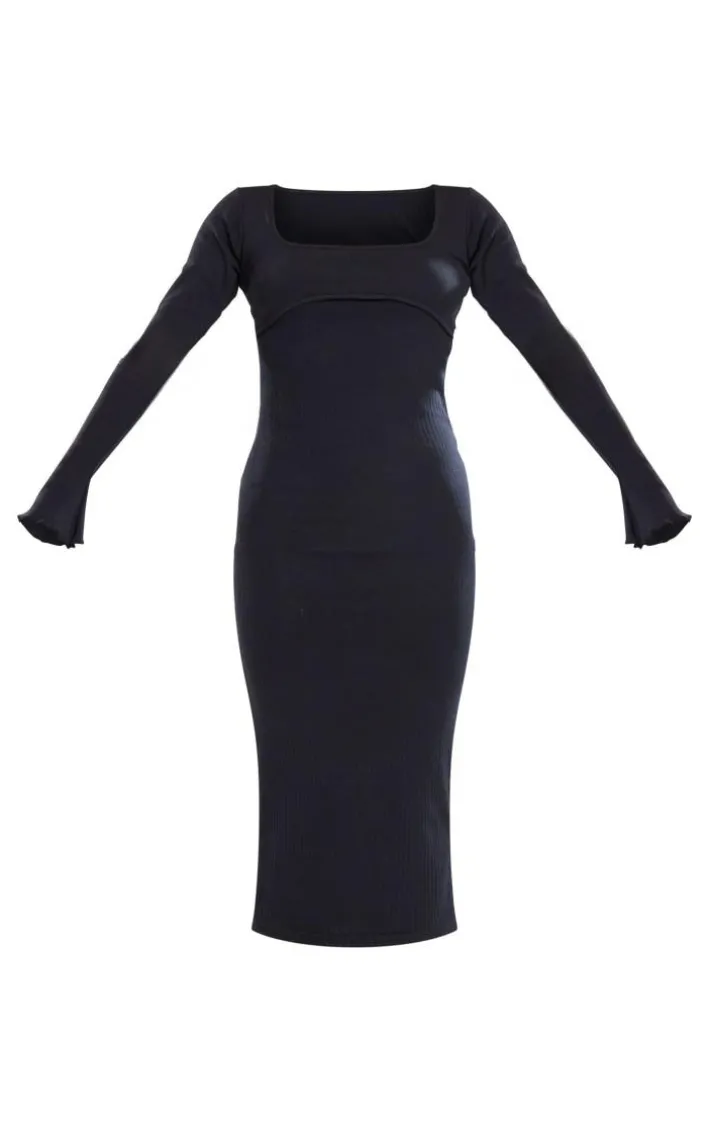 Black Ribbed Seam Detail Long Sleeve Midi Dress