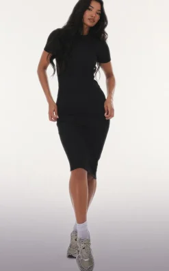 Black Ribbed Short Sleeve Crew Neck Midi Dress