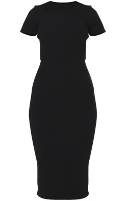 Black Ribbed Short Sleeve Crew Neck Midi Dress