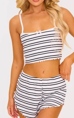 Black Ribbed Stripe Lettuce Hem Cami And Short Pj Set