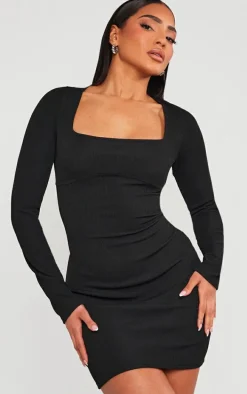 Black Ribbed Underbust Detail Long Sleeve Bodycon Dress
