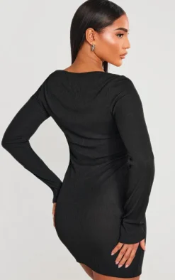 Black Ribbed Underbust Detail Long Sleeve Bodycon Dress