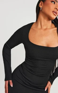 Black Ribbed Underbust Detail Long Sleeve Bodycon Dress
