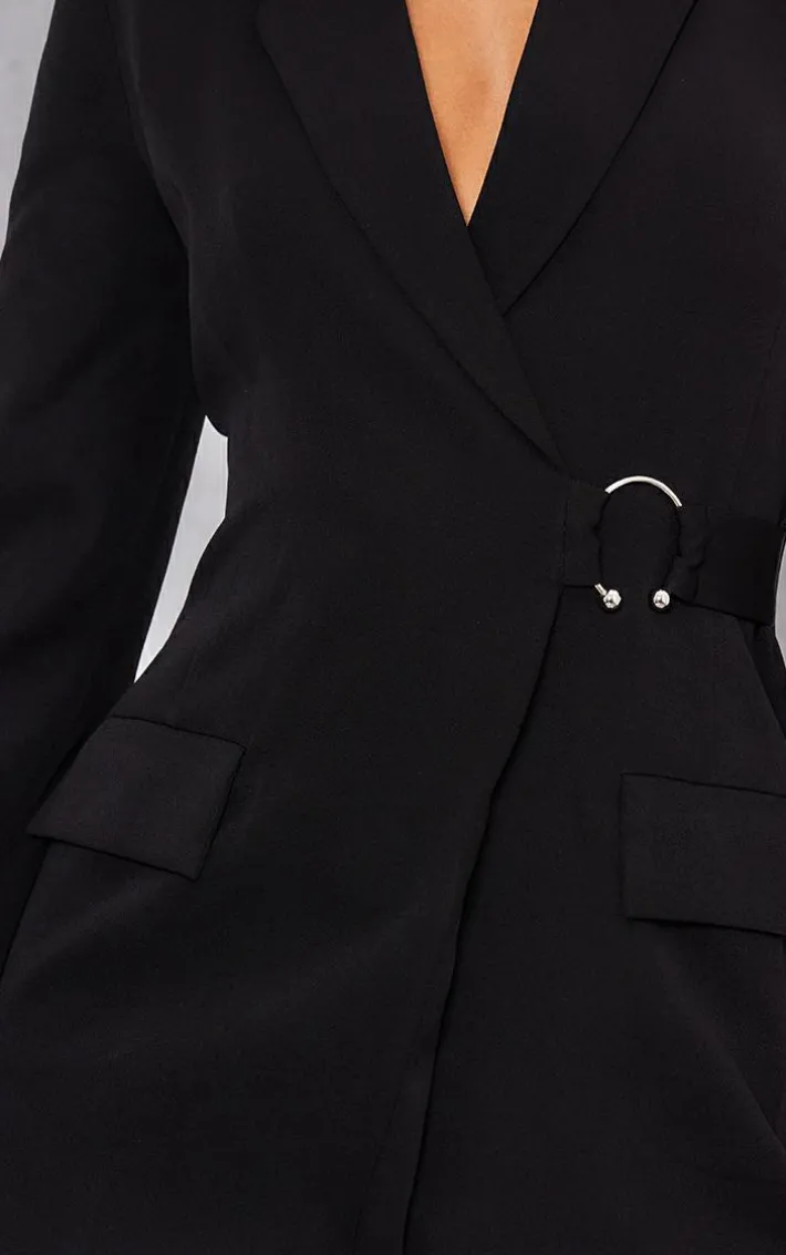 Black Ring Detail Wrap Blazer Dress