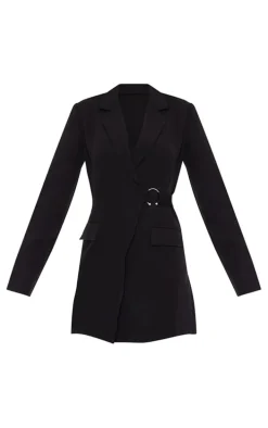 Black Ring Detail Wrap Blazer Dress