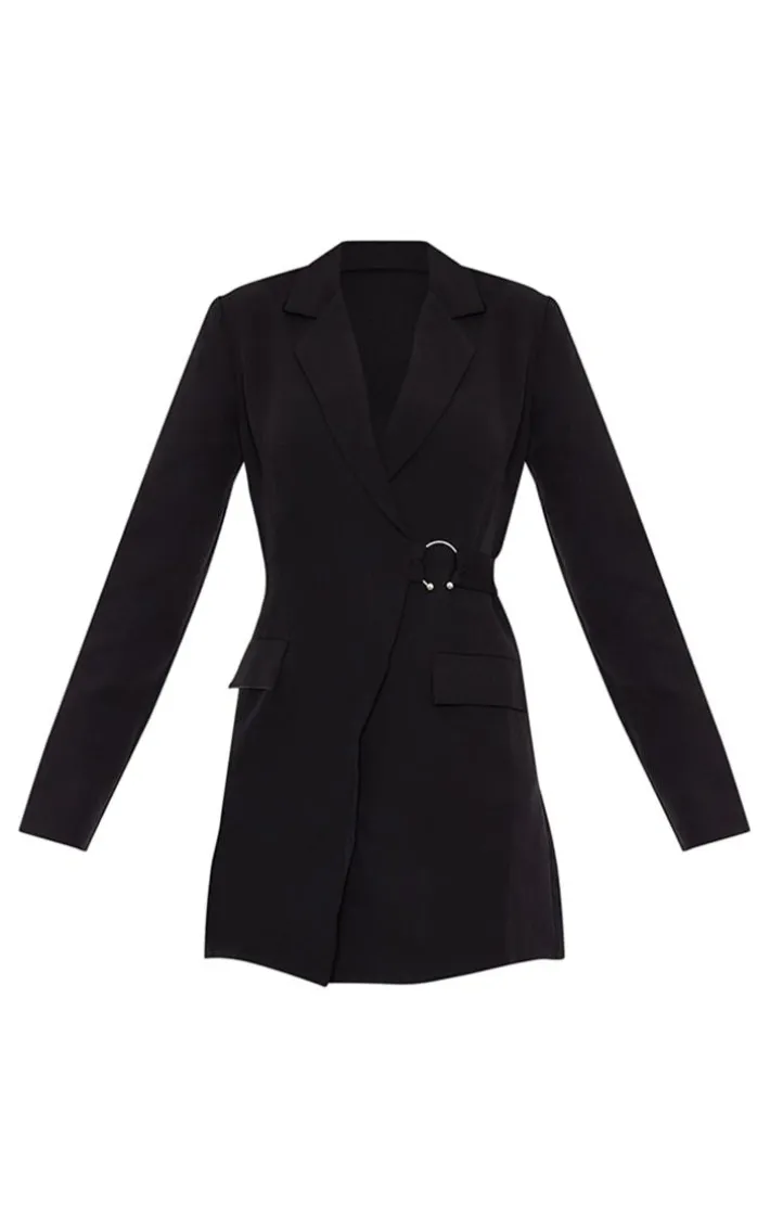 Black Ring Detail Wrap Blazer Dress