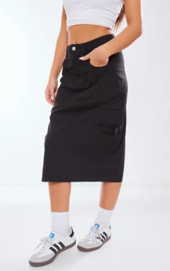 Black Ripstop Cargo Midi Skirt