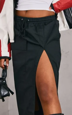 Black Ripstop Split Thigh Drawstring Waist Maxi Skirt