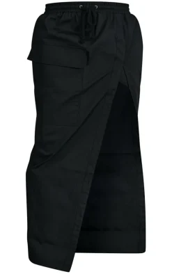Black Ripstop Split Thigh Drawstring Waist Maxi Skirt