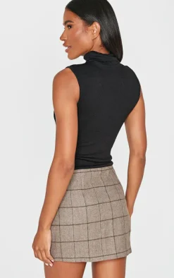 Black Roll Neck Ribbed Twill Contrast Bodycon Dress