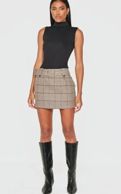 Black Roll Neck Ribbed Twill Contrast Bodycon Dress