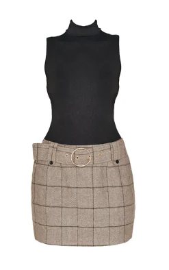 Black Roll Neck Ribbed Twill Contrast Bodycon Dress