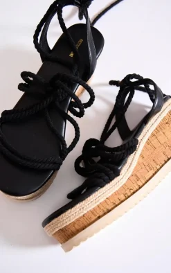 Black Rope Round Toe Espadrille Wedge Heeled Sandals