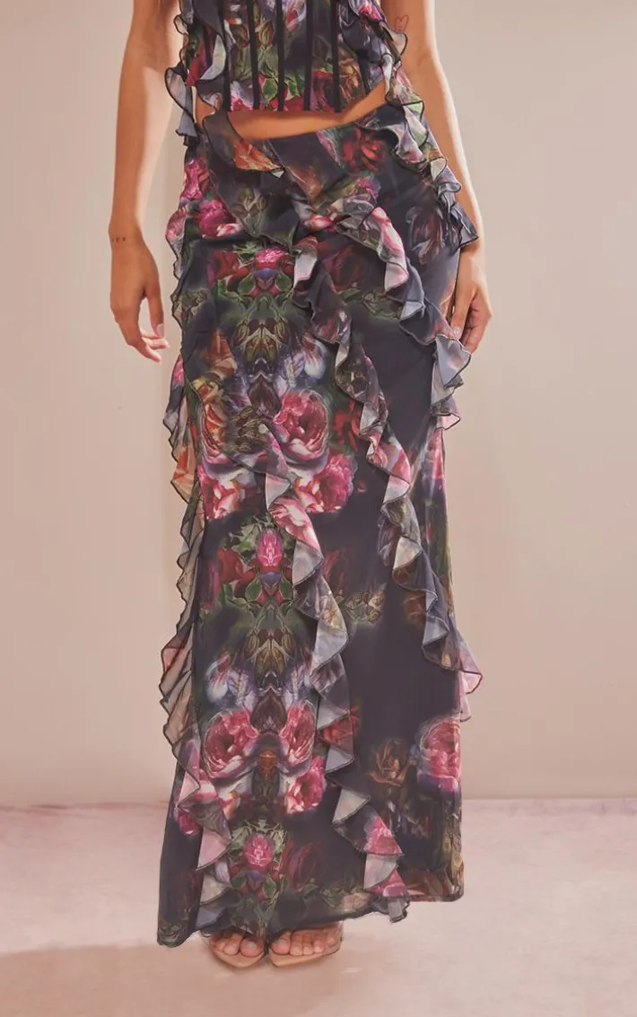 Black Rose Print Chiffon Ruffle Detail Maxi Skirt