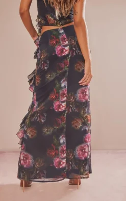 Black Rose Print Chiffon Ruffle Detail Maxi Skirt