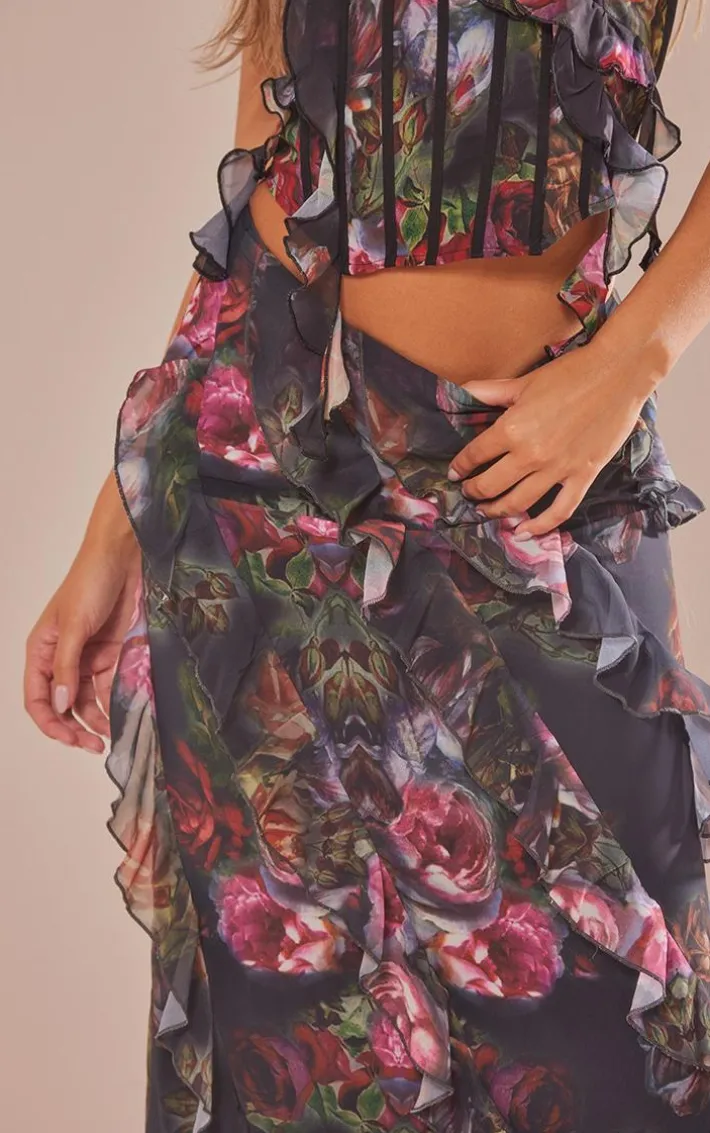 Black Rose Print Chiffon Ruffle Detail Maxi Skirt