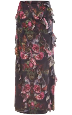 Black Rose Print Chiffon Ruffle Detail Maxi Skirt