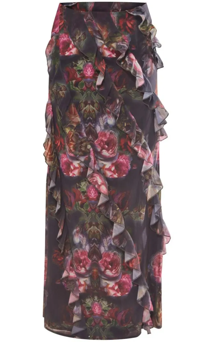 Black Rose Print Chiffon Ruffle Detail Maxi Skirt