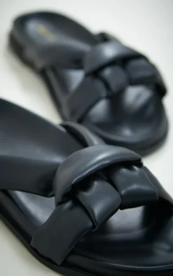 Black Round Faux Leather Chunky Center Knot Slides