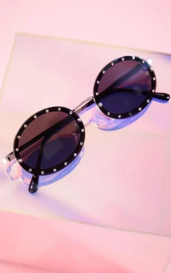 Black Round Lens Diamante Detail Sunglasses