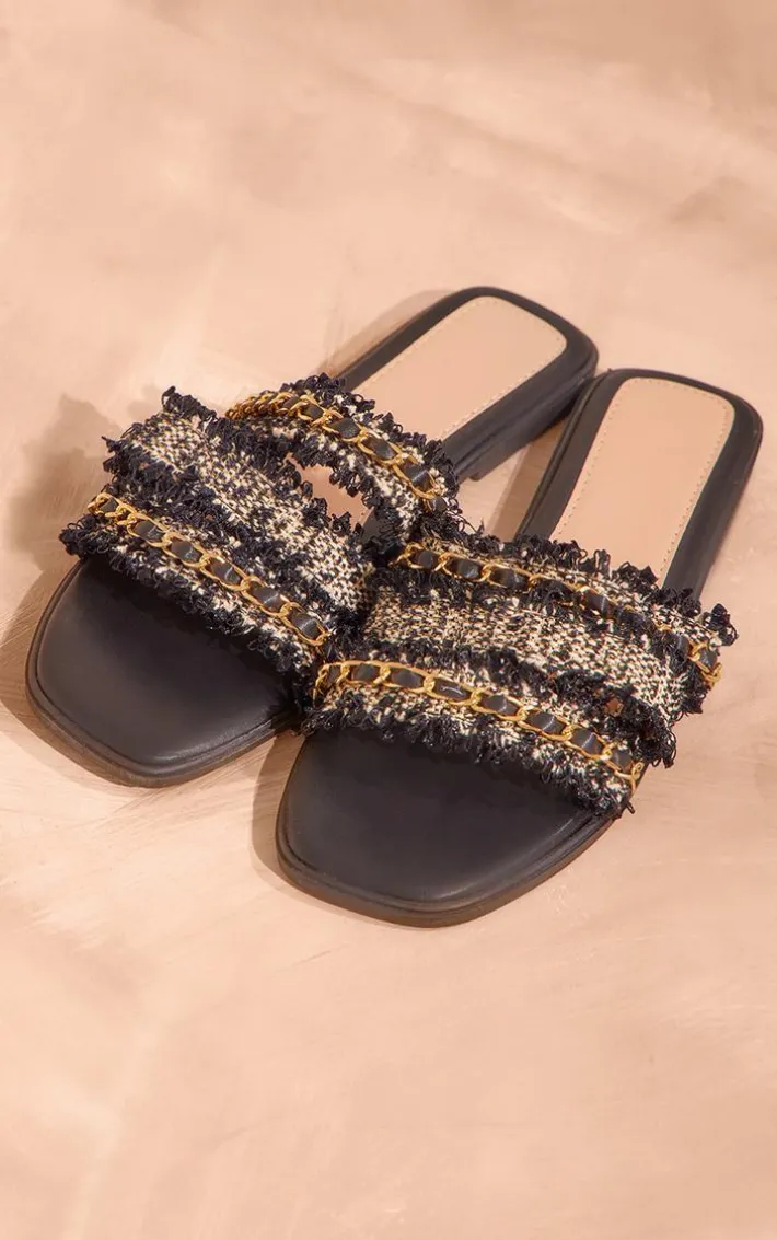 Black Round Toe Boucle Chain Strap Mule Sandals