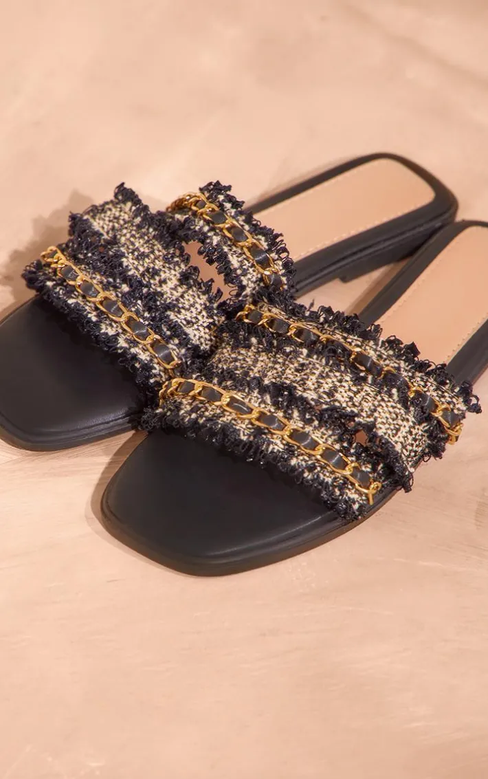 Black Round Toe Boucle Chain Strap Mule Sandals