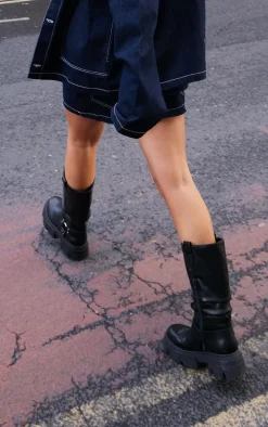 Black Round Toe Buckle Knee High Chunky Boots