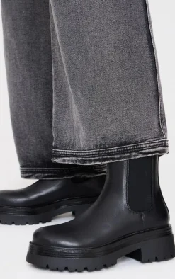 Black Round Toe Chunky Sole Elastic Chelsea Boots