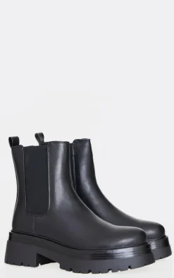 Black Round Toe Chunky Sole Elastic Chelsea Boots