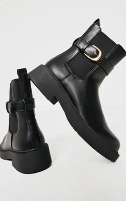 Black Round Toe Gold Buckle Chelsea Boots