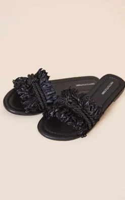 Black Round Toe Raffia Fringed Rope Detail Slides