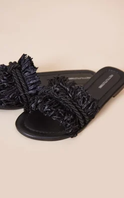 Black Round Toe Raffia Fringed Rope Detail Slides