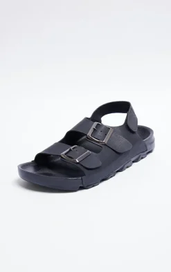 Black Rubber Chunky Sole Buckle Detail Sling Back Sandals