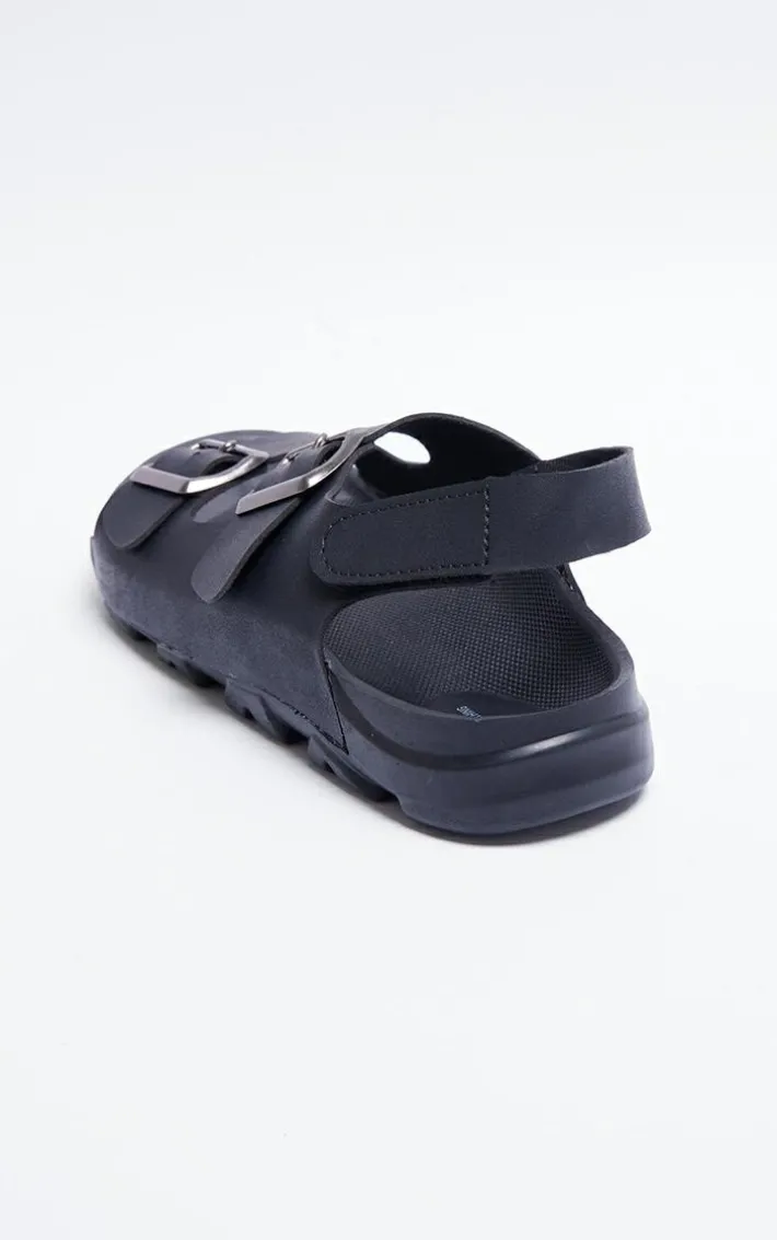 Black Rubber Chunky Sole Buckle Detail Sling Back Sandals