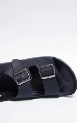 Black Rubber Chunky Sole Buckle Detail Sling Back Sandals