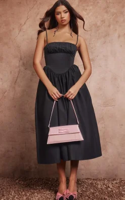 Black Ruched Bust Corset Strappy Midaxi Dress