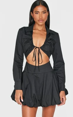 Black Ruched Cut Out Detail Puffball Dress