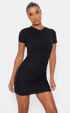 Black Ruched Front T Shirt Dress