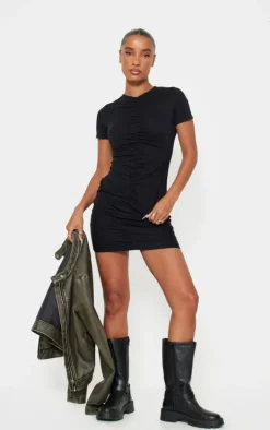 Black Ruched Front T Shirt Dress