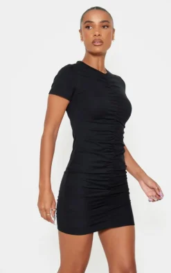 Black Ruched Front T Shirt Dress