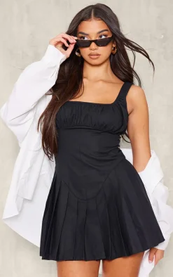 Black Ruched Pleated Shift Dress