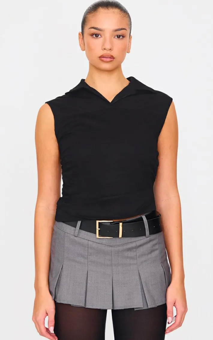 Black Ruched Sleeveless Long Top