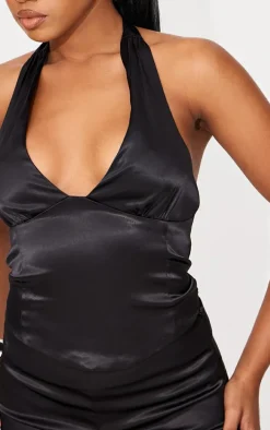 Black Satin Asymmetric Detail Halterneck Top