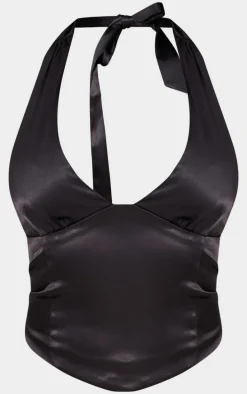 Black Satin Asymmetric Detail Halterneck Top