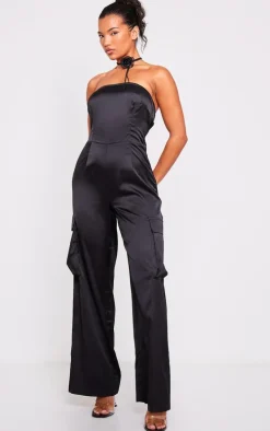 Black Satin Bandeau Cargo Flared Jumpsuit