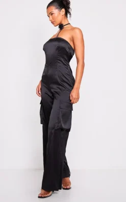 Black Satin Bandeau Cargo Flared Jumpsuit