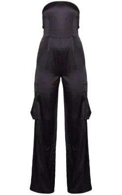 Black Satin Bandeau Cargo Flared Jumpsuit